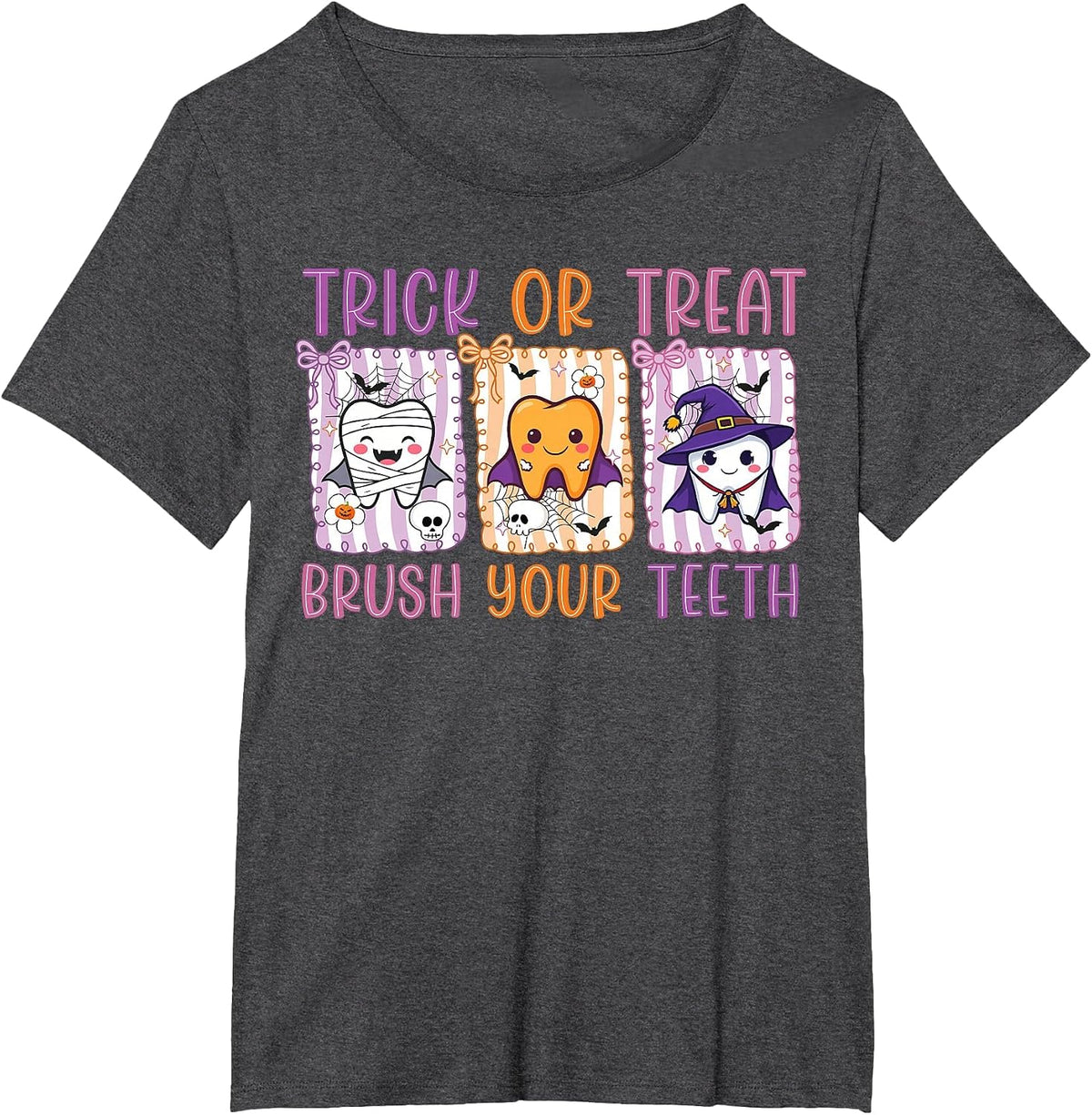 Trick Or Treat Brush Your Teeth Dental Hygienist Halloween T-Shirt - Dark Heather Grey