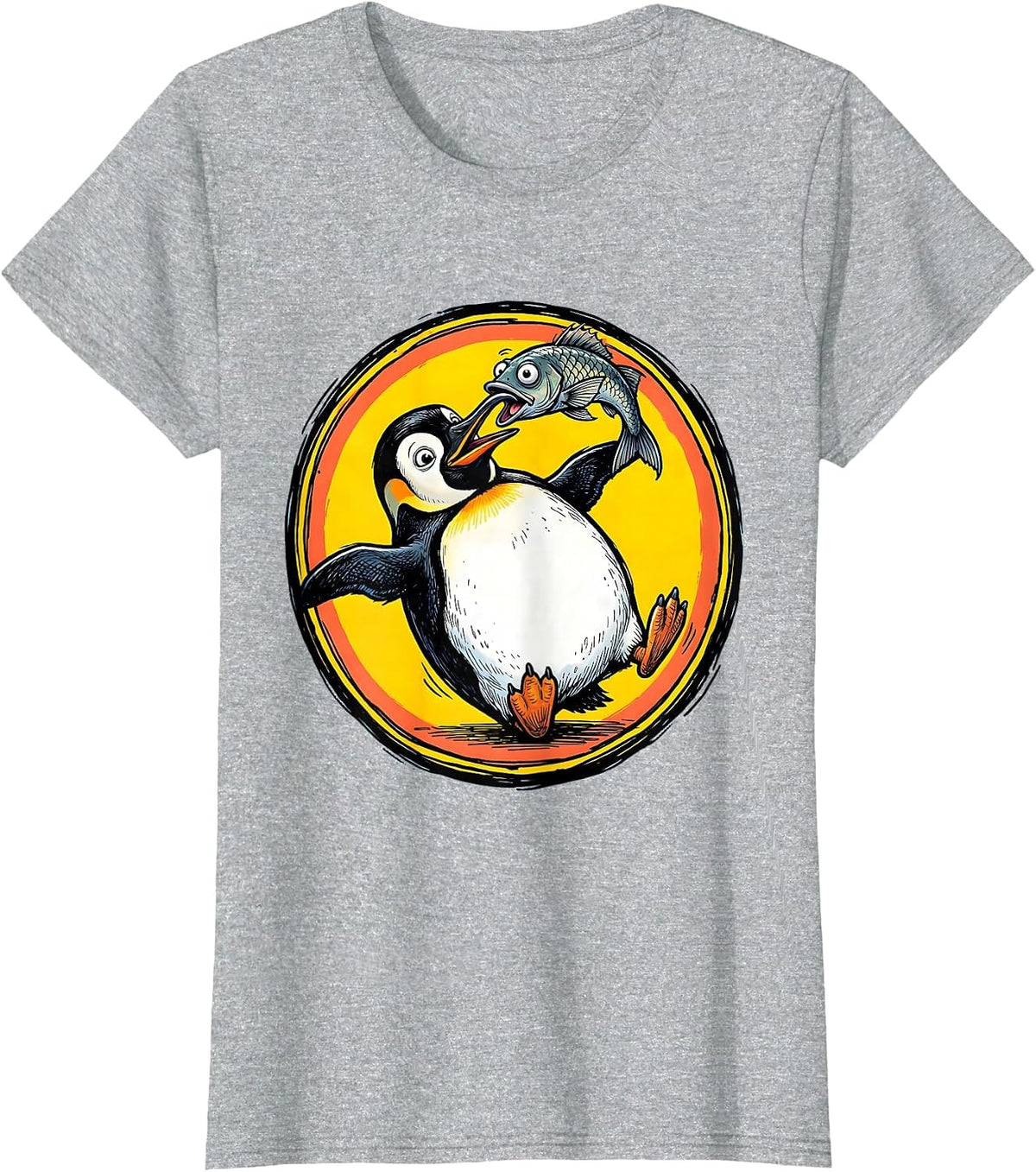 Derpy Penguin Balancing Fish on Its Nose T-Shirt - Heather Grey