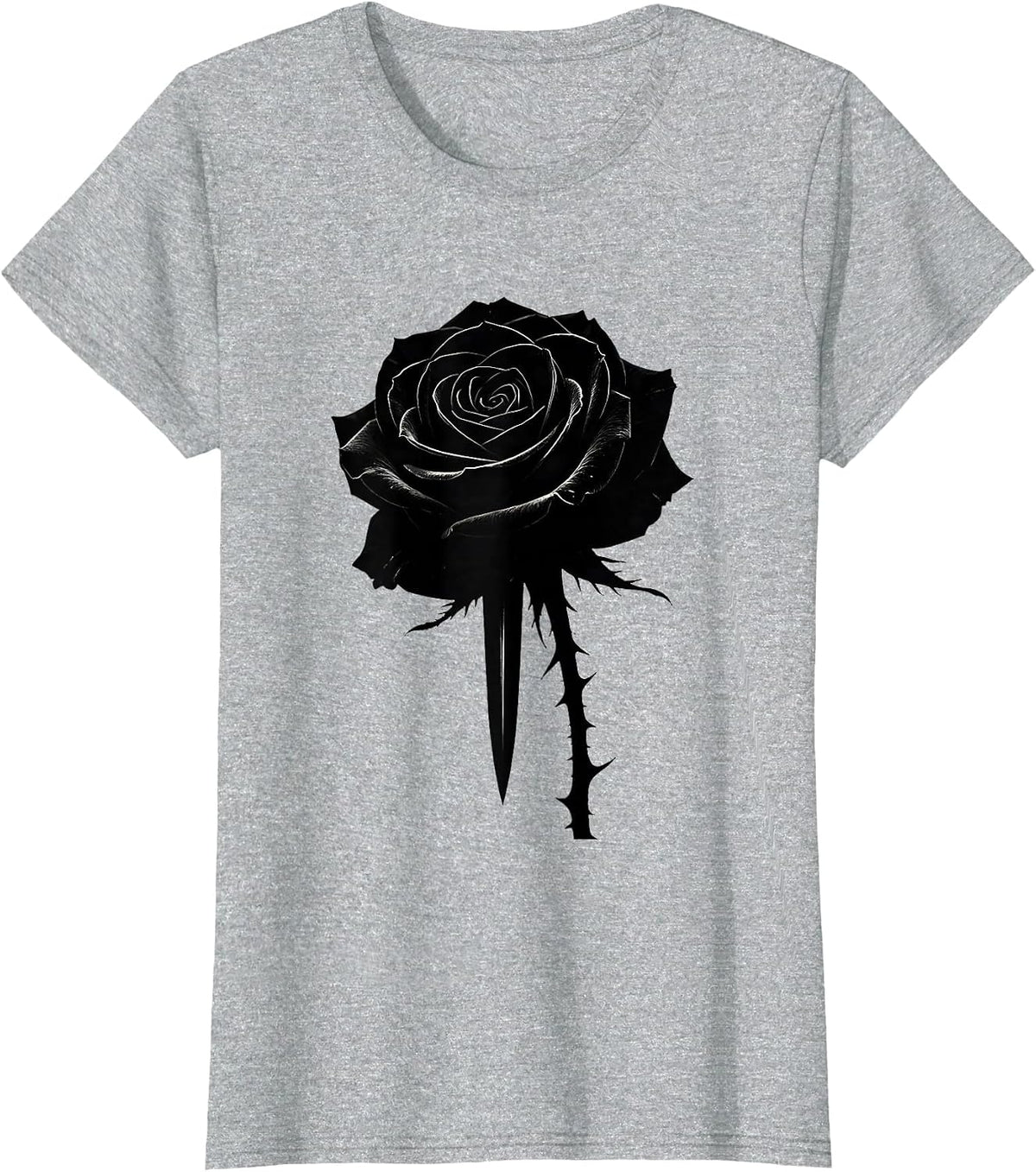Women's Black Rose and Dagger Goth Dark Art Design T-Shirt - Heather Grey