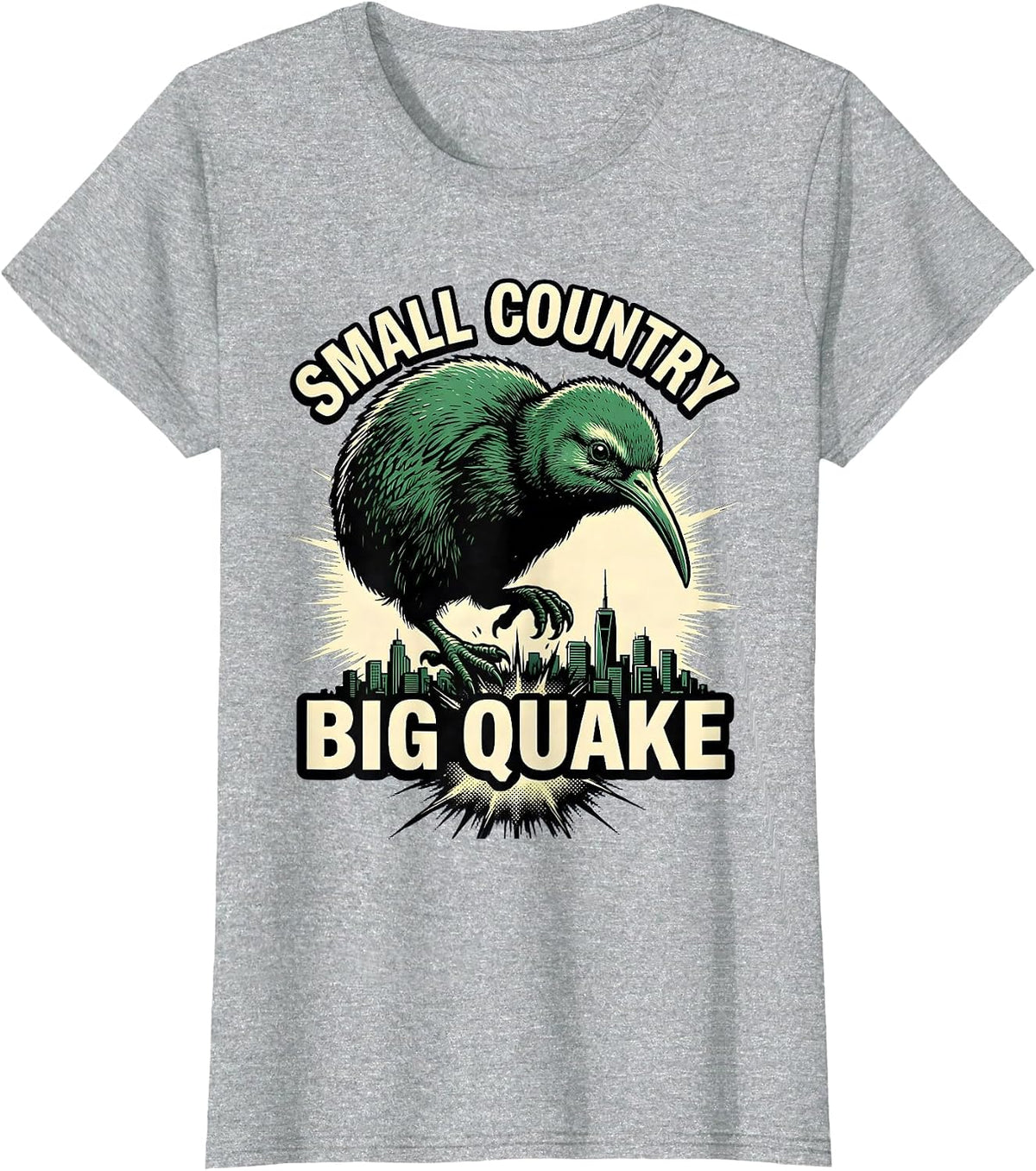 Small Country Big Quake Comic Book Kiwi Bird Rugby Fan T-Shirt - Heather Grey