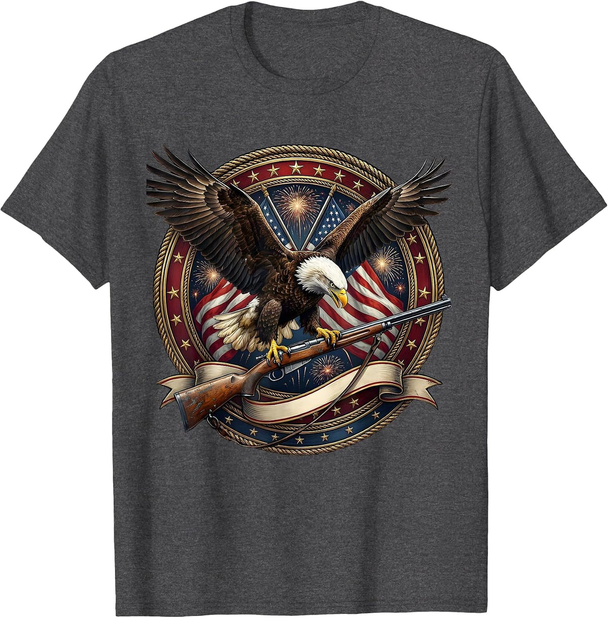 Bald Eagle Perched on Weathered Rifle Patriotic T-Shirt - Dark Heather Grey