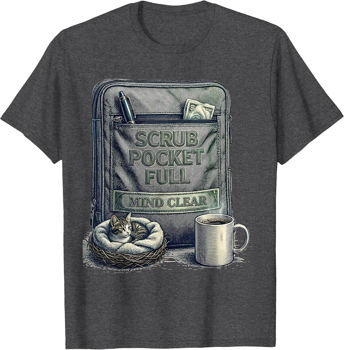 Scrub Pocket Full Mind Clear Funny Vet Tech Veterinary T-Shirt - Dark Heather Grey