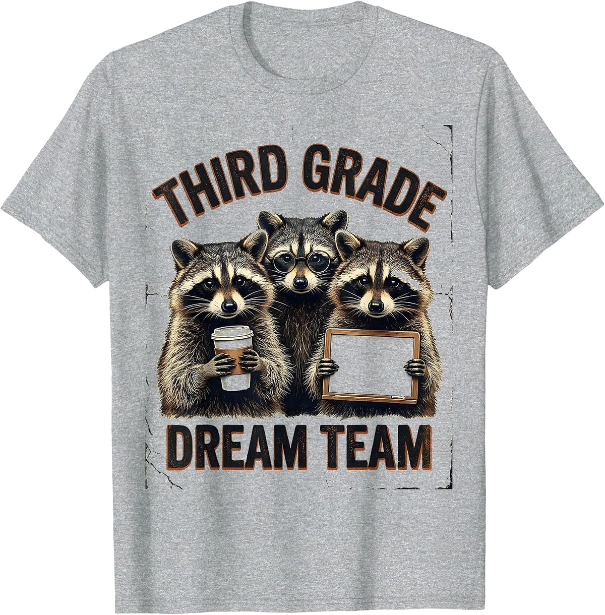 Men's Third Grade Dream Team Distressed Raccoon Teacher Back T-Shirt - Heather Grey