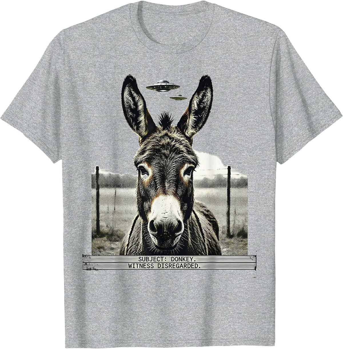 Men's SUBJECT: DONKEY. WITNESS DISREGARDED. Funny Animal UFO T-Shirt - Heather Grey