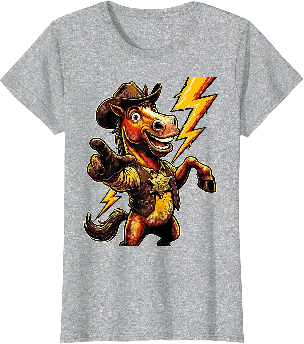 Rearing Horse Lightning Strike Cowboy Design T-Shirt - Heather Grey