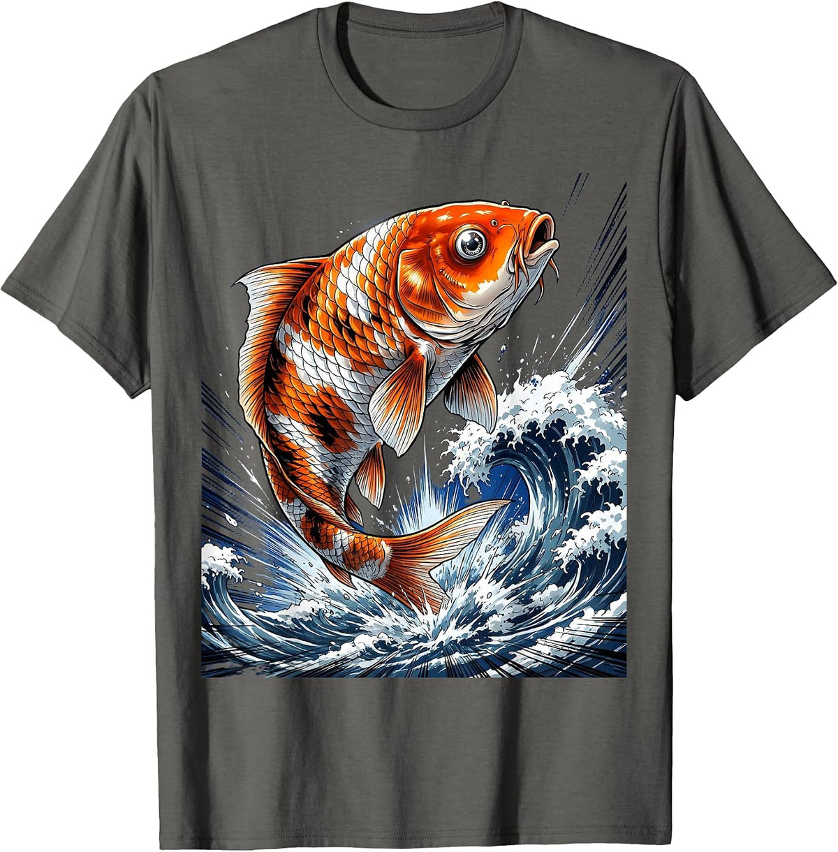 Koi Fish Leaping Through Crashing Wave Art T-Shirt - Asphalt Grey