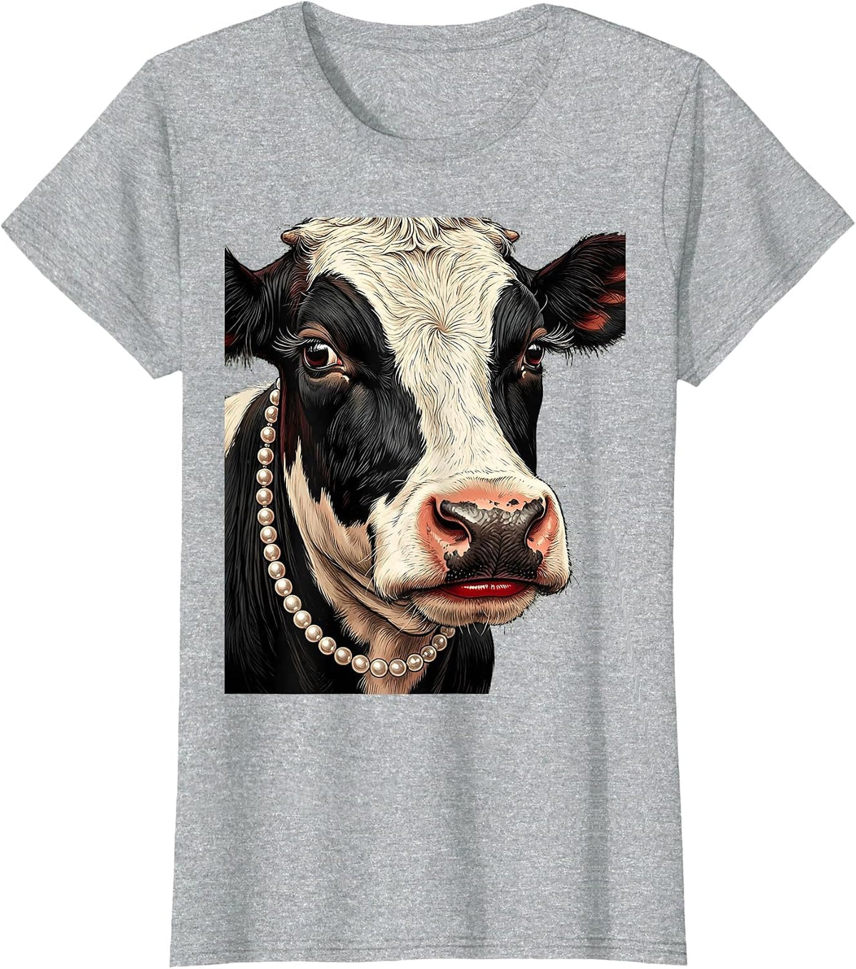 Glamorous Cow Pearl Necklace and Lipstick Design T-Shirt - Heather Grey
