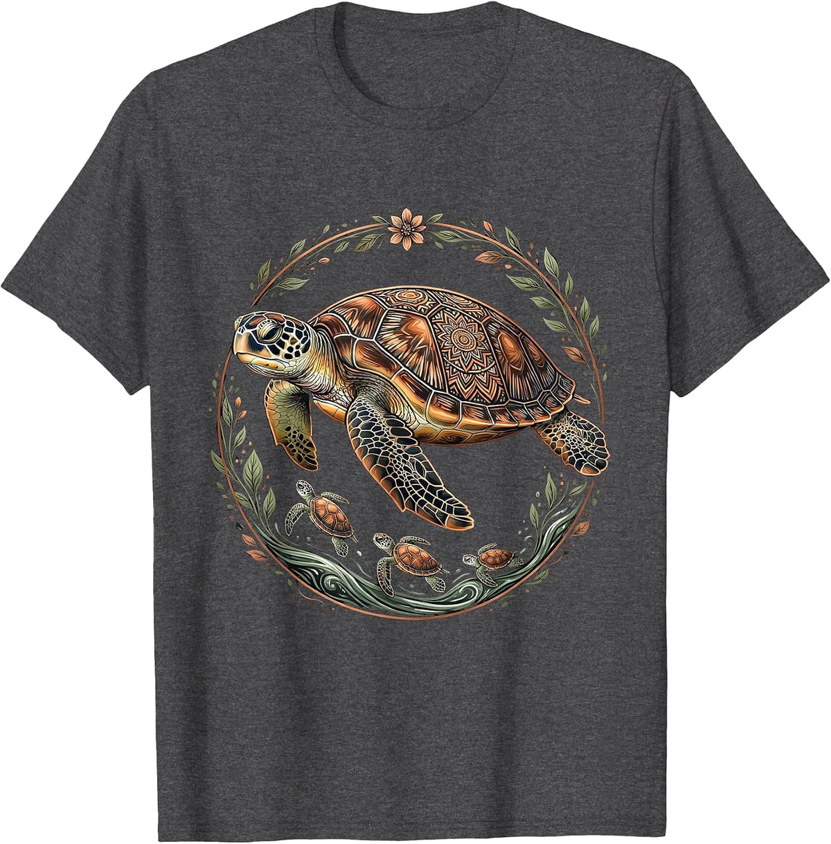Men's Mama Turtle Guiding Hatchlings to the Ocean T-Shirt - Dark Heather Grey