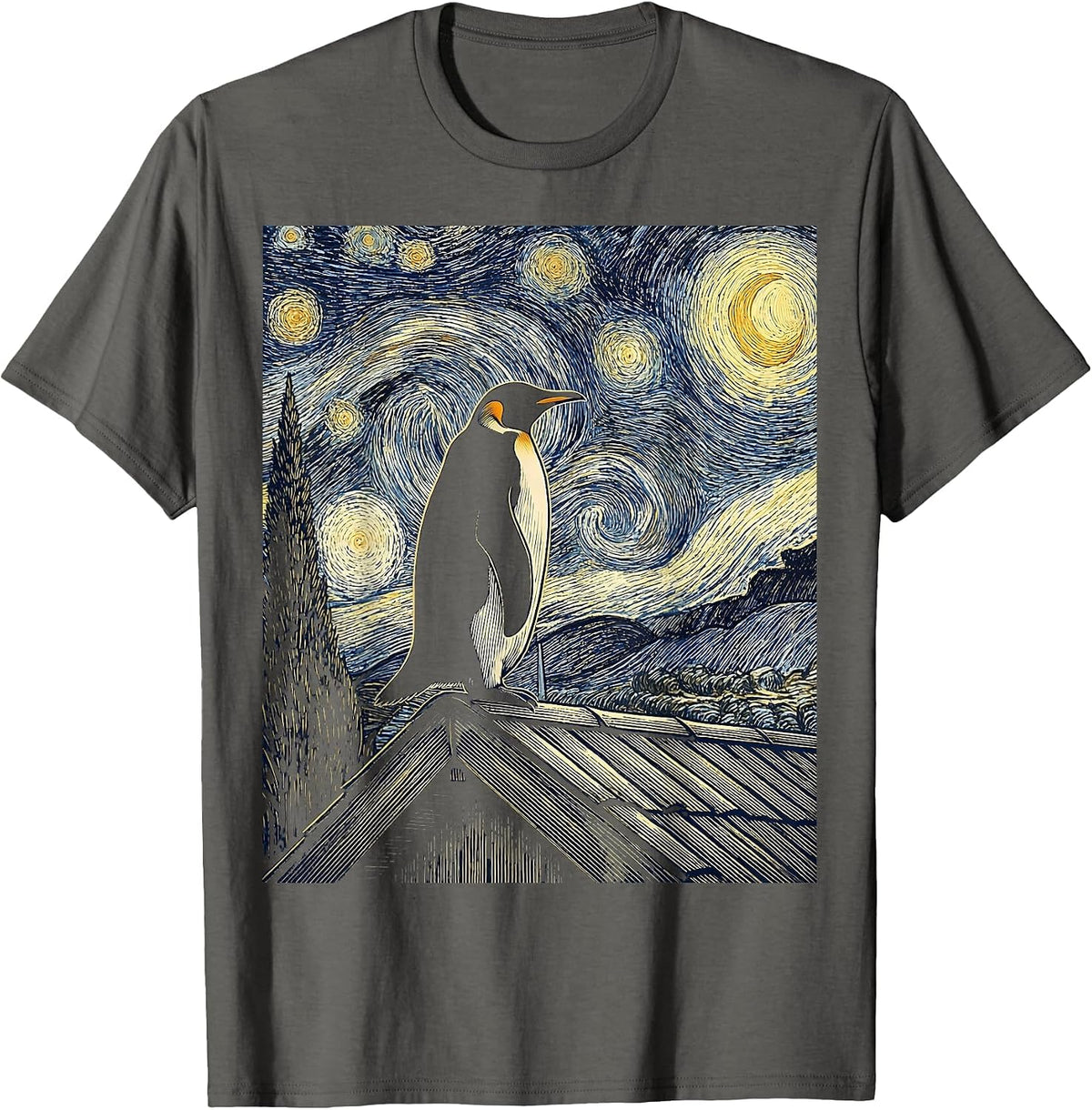 Penguin Van Gogh Style Starry Night Art Animal Lover T-Shirt - Asphalt Grey
