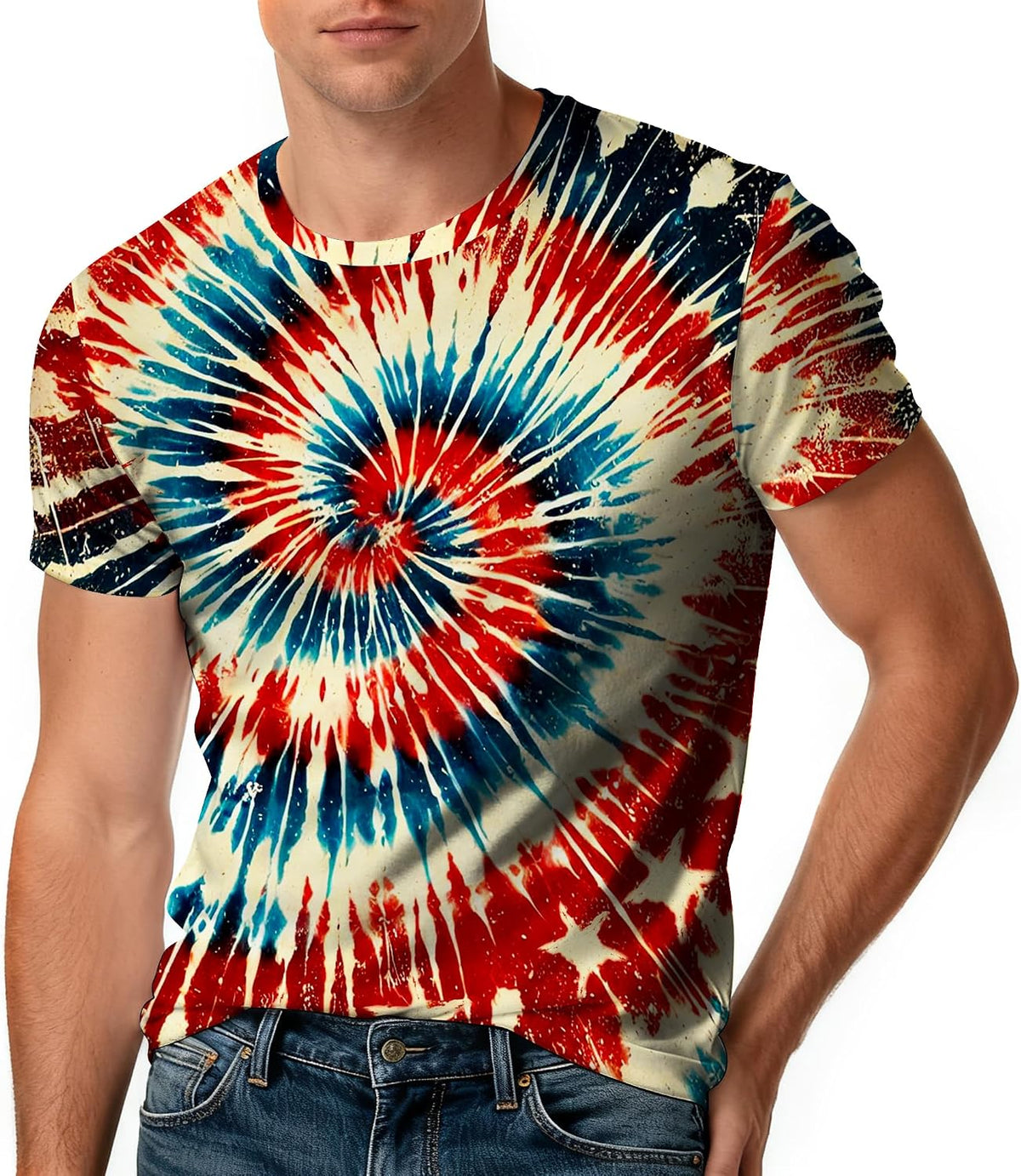 Tie Dye Shirt Mens Unisex Crewneck Short Sleeve Tshirt - Distressed Style Rainbow