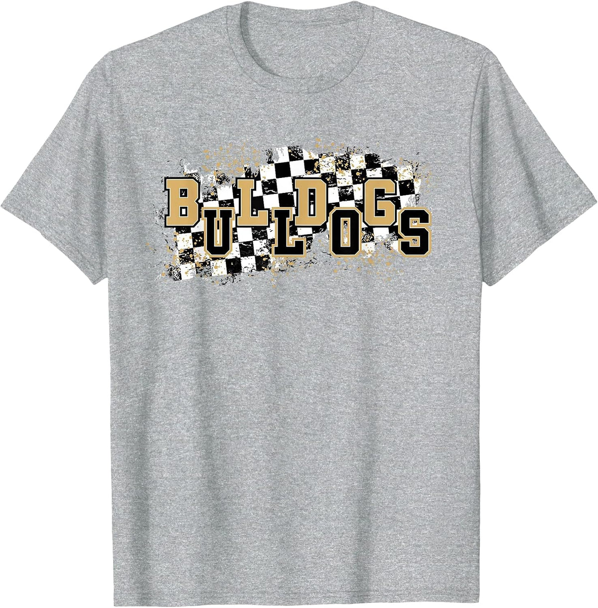 Bulldogs Checkered Print School Spirit Game Day Bulldog Gold T-Shirt - Heather Grey