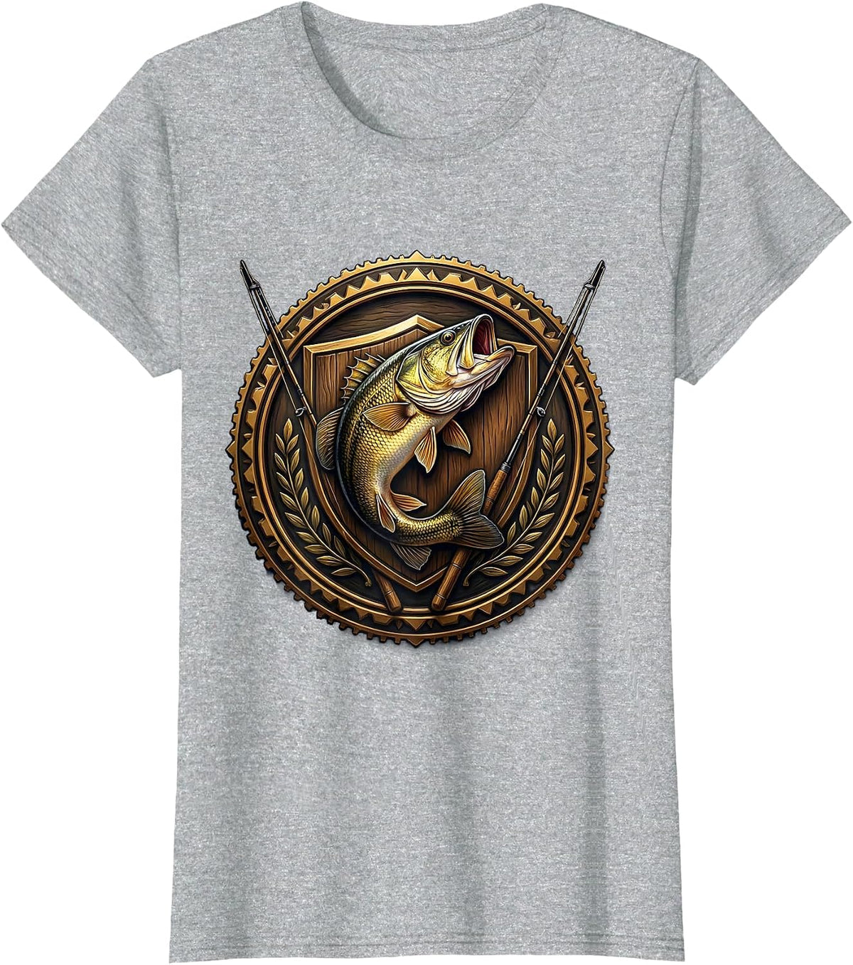 Trophy Bass Mounted on Plaque Fishing Graphic T-Shirt - Heather Grey