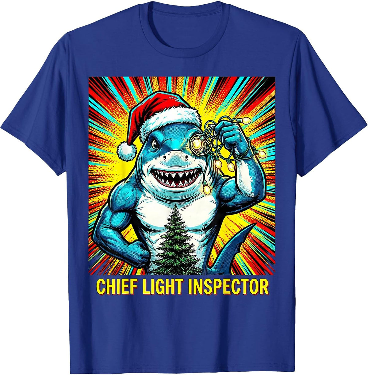 Chief Light Inspector Pop Art Funny Shark Santa Hat T-Shirt - Royal Blue