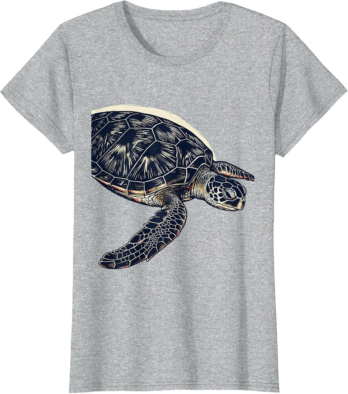 Women's Sea Turtle Linocut Ocean Animal Lover Artwork T-Shirt - Heather Grey