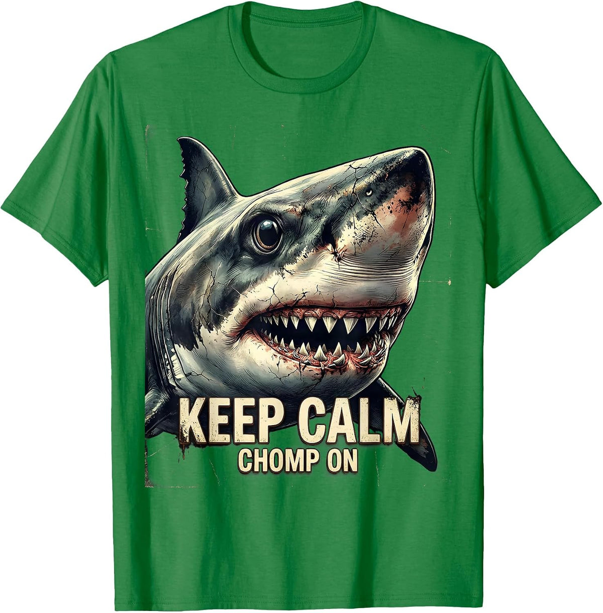 Men's Keep Calm Chomp On Distressed Shark Lover Ocean Humor T-Shirt - Kelly Green