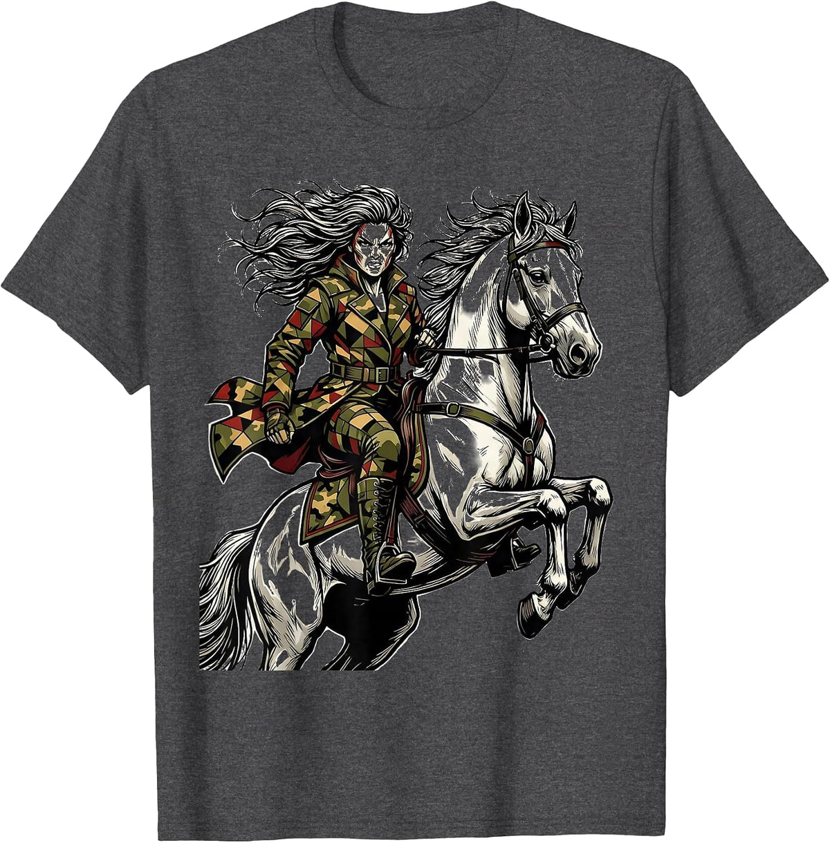 Camo Woman on White Horse Graphic Design T-Shirt - Dark Heather Grey