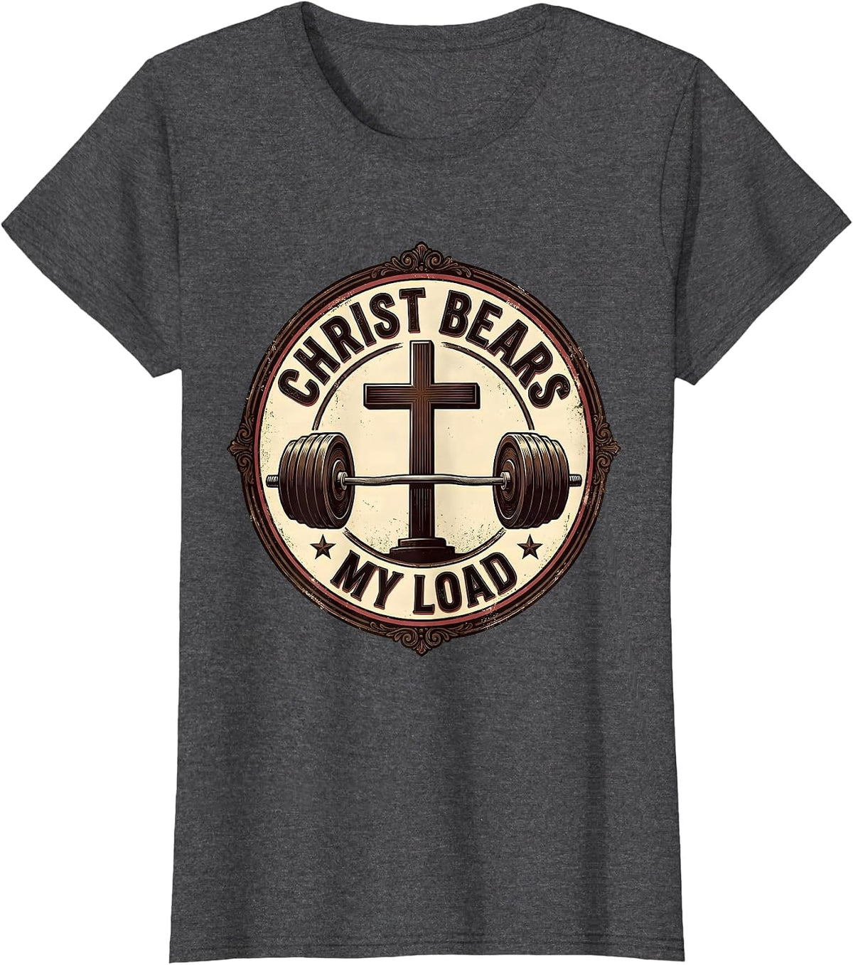 Women's Christ Bears My Load Vintage Christian Gym Workout T-Shirt - Dark Heather Grey