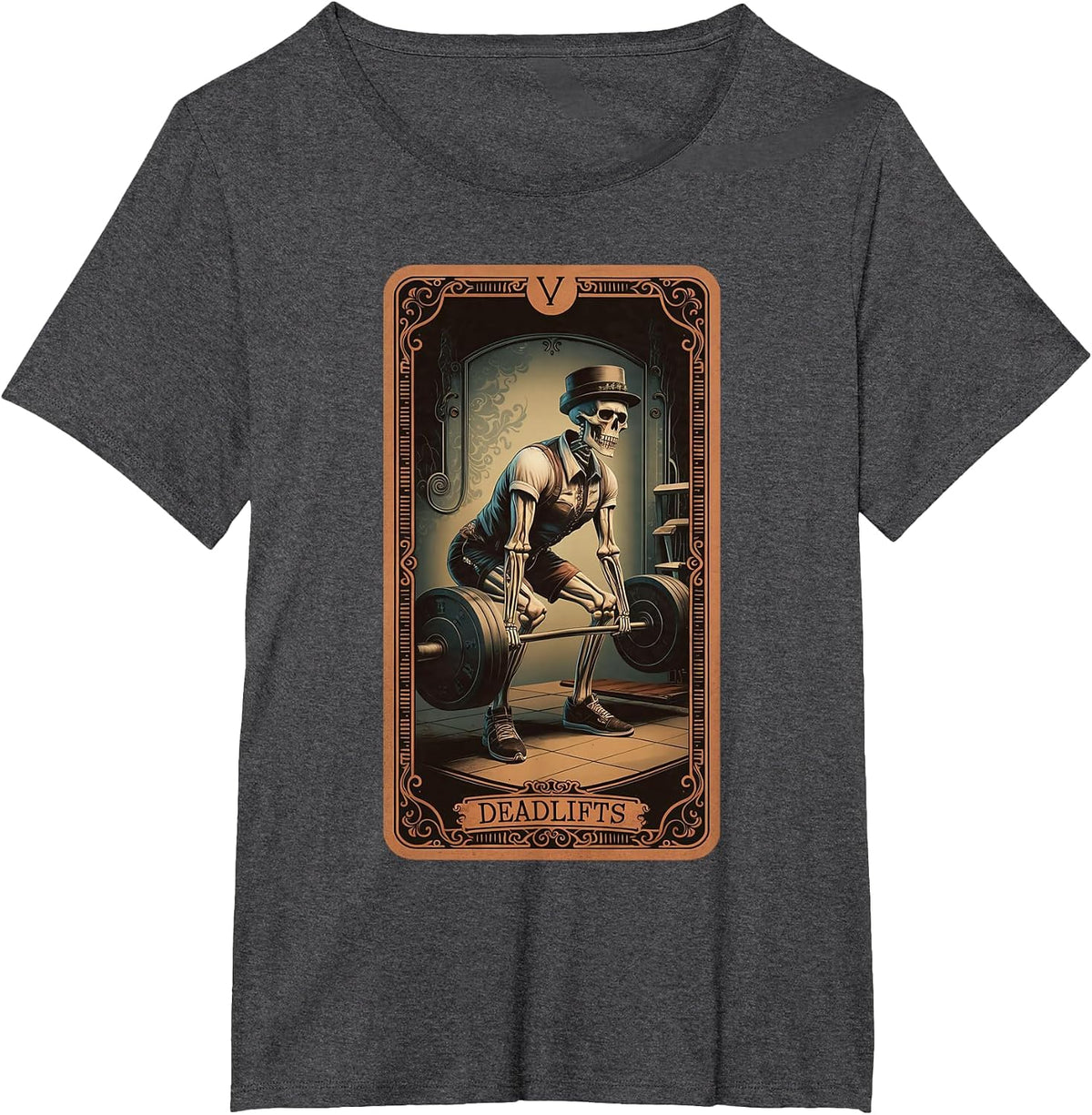 Tarot Card Skeleton Deadlifts Powerlifting Weightlifting Gym T-Shirt - Dark Heather Grey