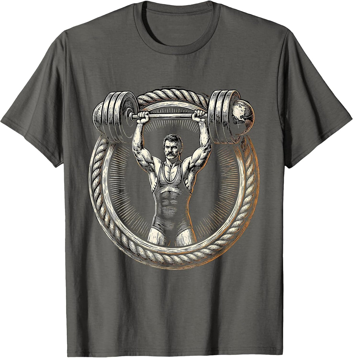 Retro Strongman Mustachioed Dumbbell Lifter T-Shirt - Asphalt Grey
