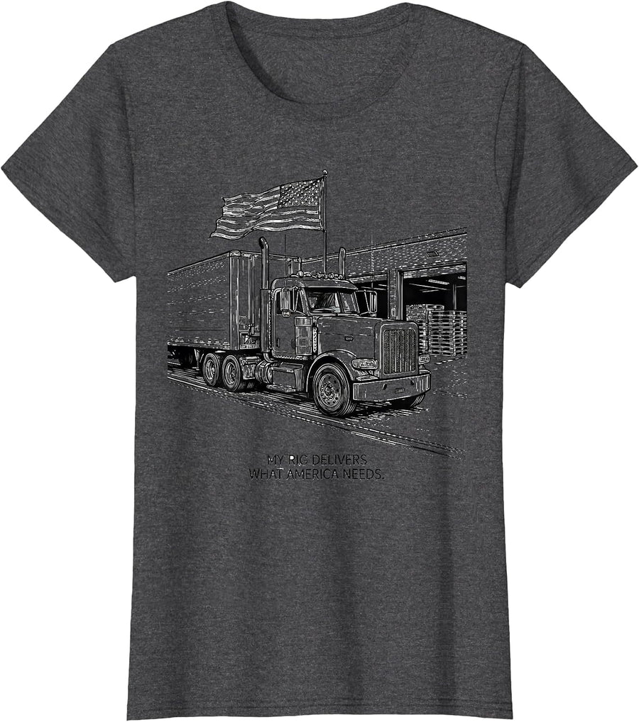 Women's My Rig Delivers What America Needs Patriotic Trucker T-Shirt - Dark Heather Grey