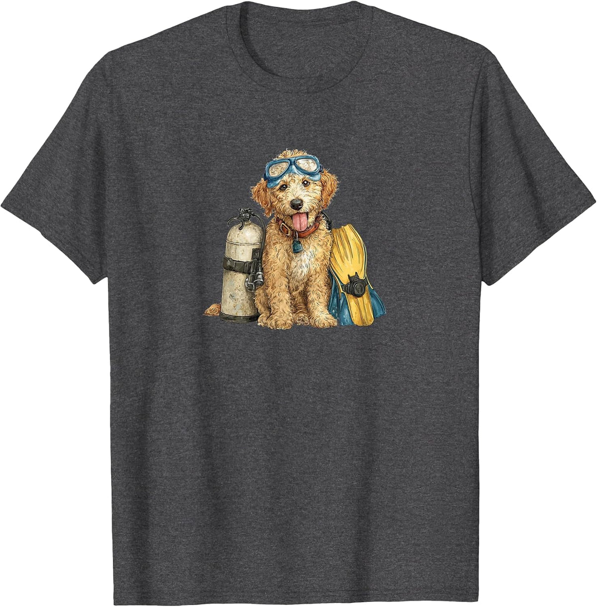 Funny Golden Doodle Puppy in Scuba Diving Gear T-Shirt - Dark Heather Grey