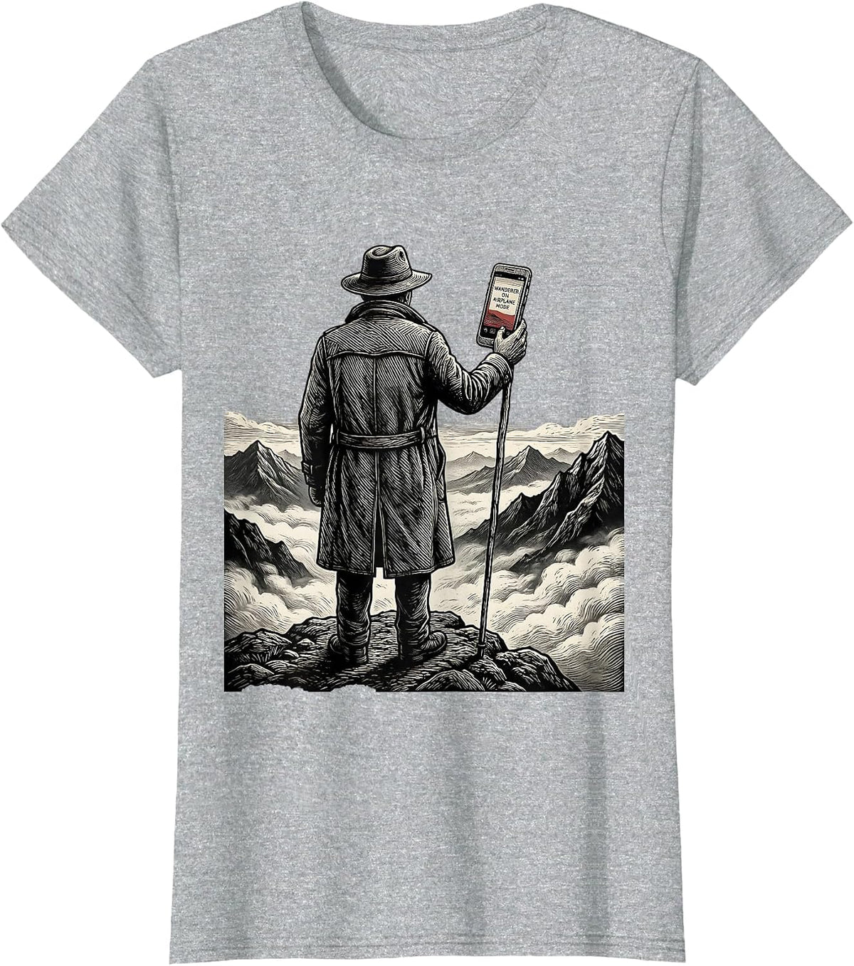 Women's Wanderer On Airplane Mode Woodcut Engraving Art History T-Shirt - Heather Grey
