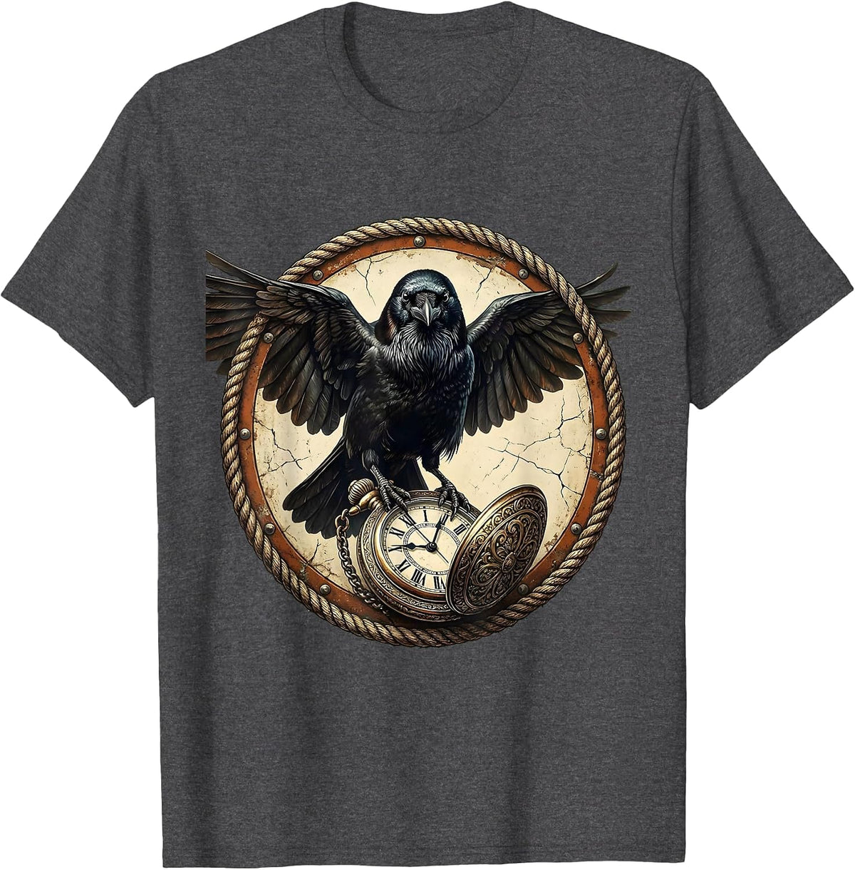 Crow Holding Pocket Watch Gothic Raven Art T-Shirt - Dark Heather Grey