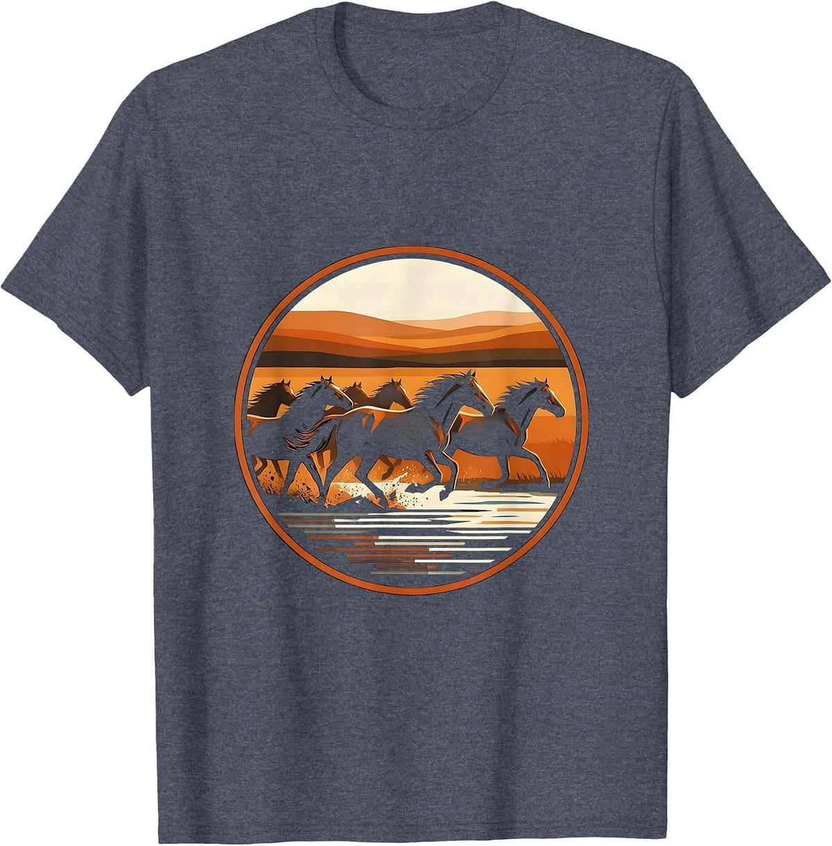 Wild Horse Herd Stampede River Crossing Illustration T-Shirt - Heather Blue