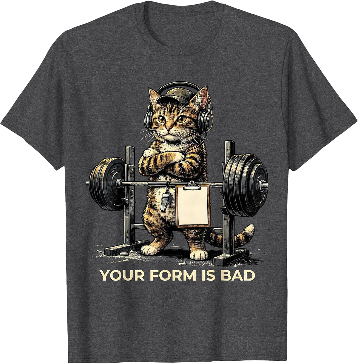 Your Form Is Bad Funny Gym Workout Cat Weightlifting Meme T-Shirt - Dark Heather Grey