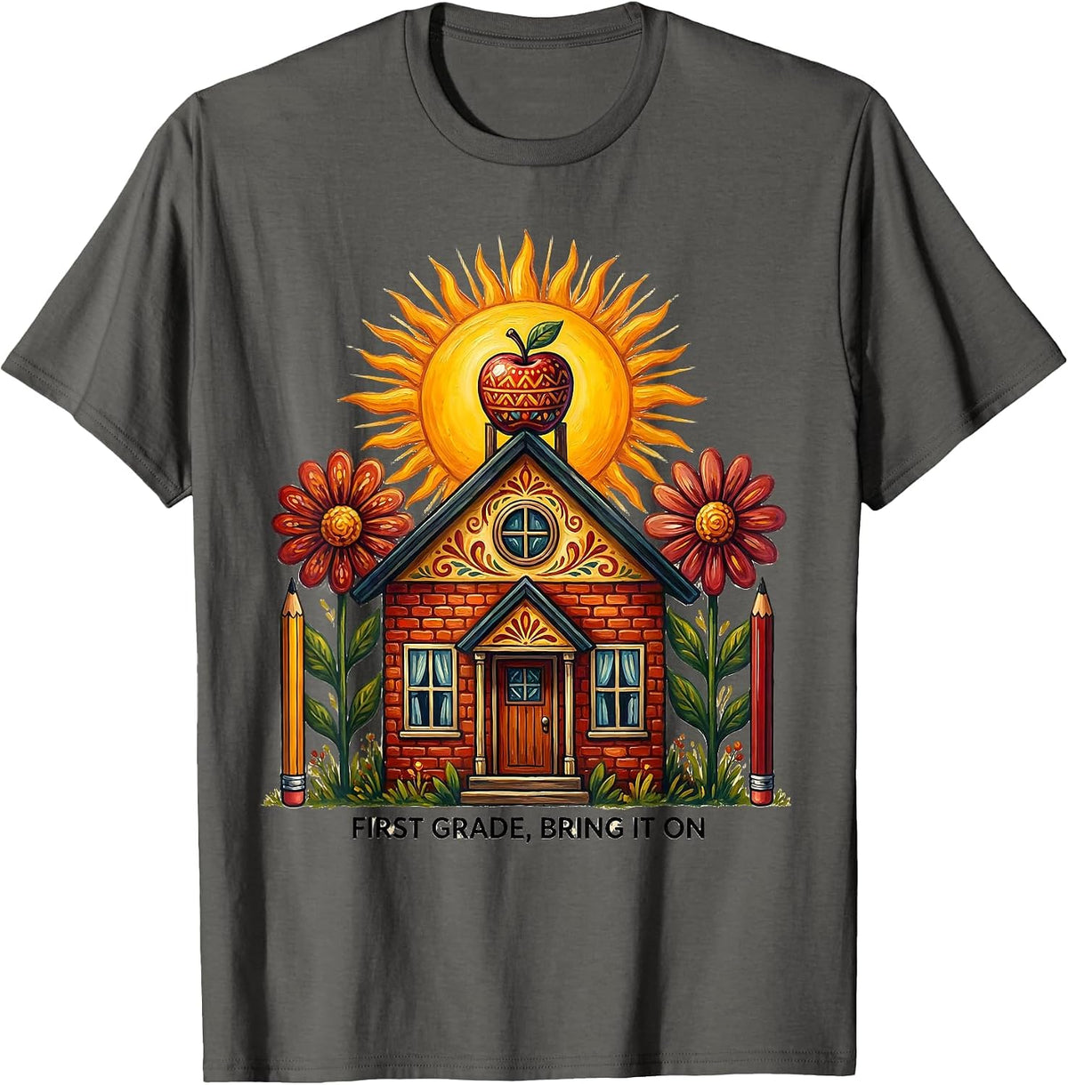 First Grade Bring It On Bold School Design T-Shirt - Asphalt Grey
