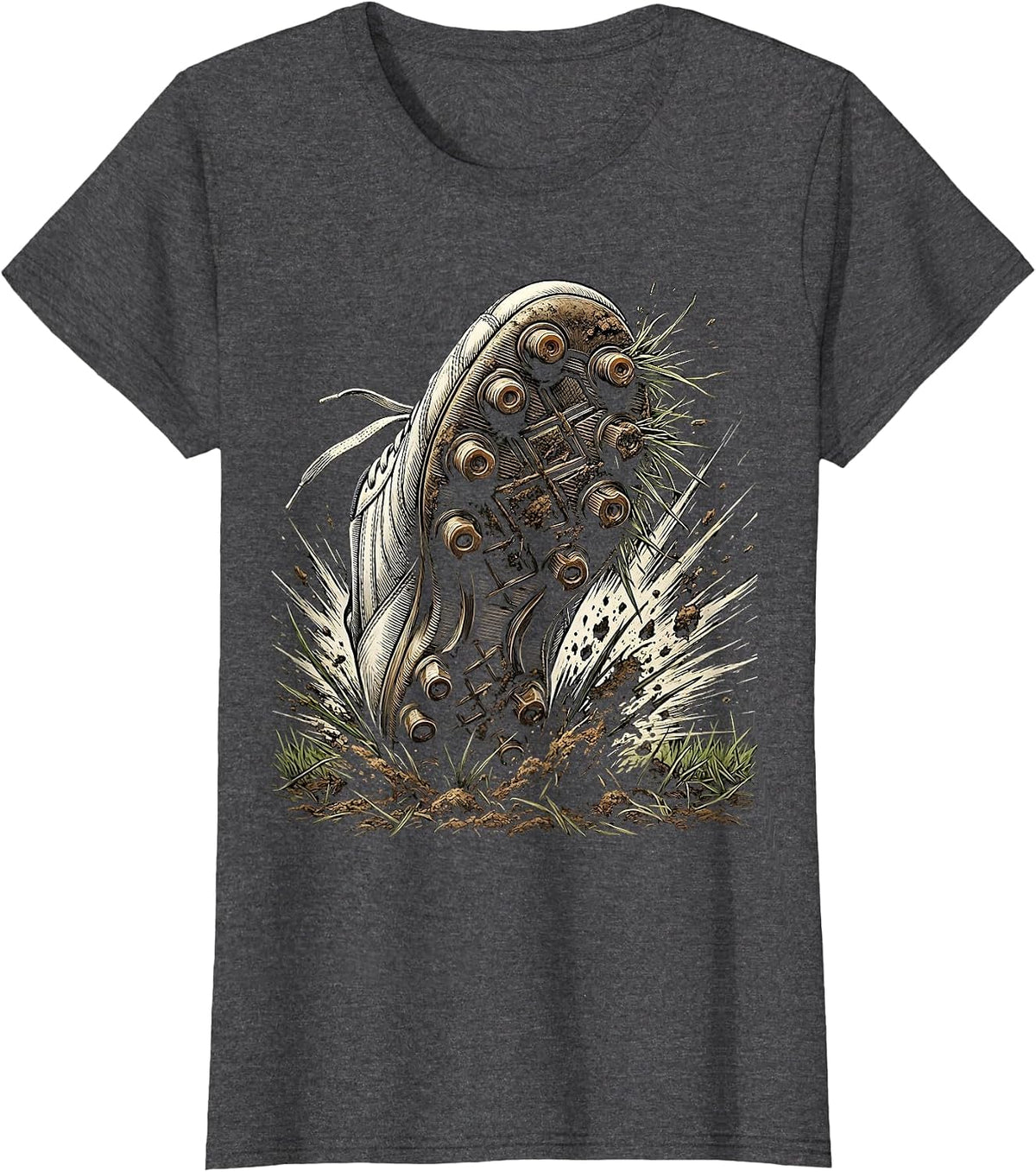 Women's Muddy Rugby Boots Stomping Grass Illustration T-Shirt - Dark Heather Grey