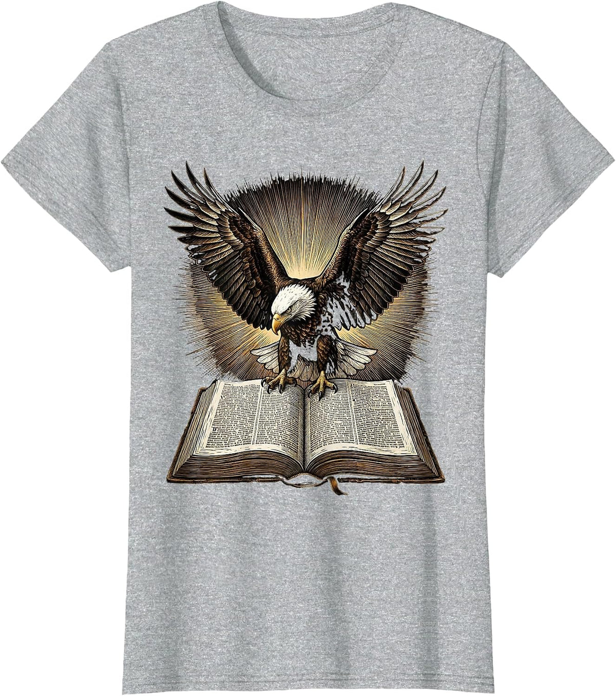 Women's Bald Eagle Over Bible Patriotic Christian Graphic T-Shirt - Heather Grey
