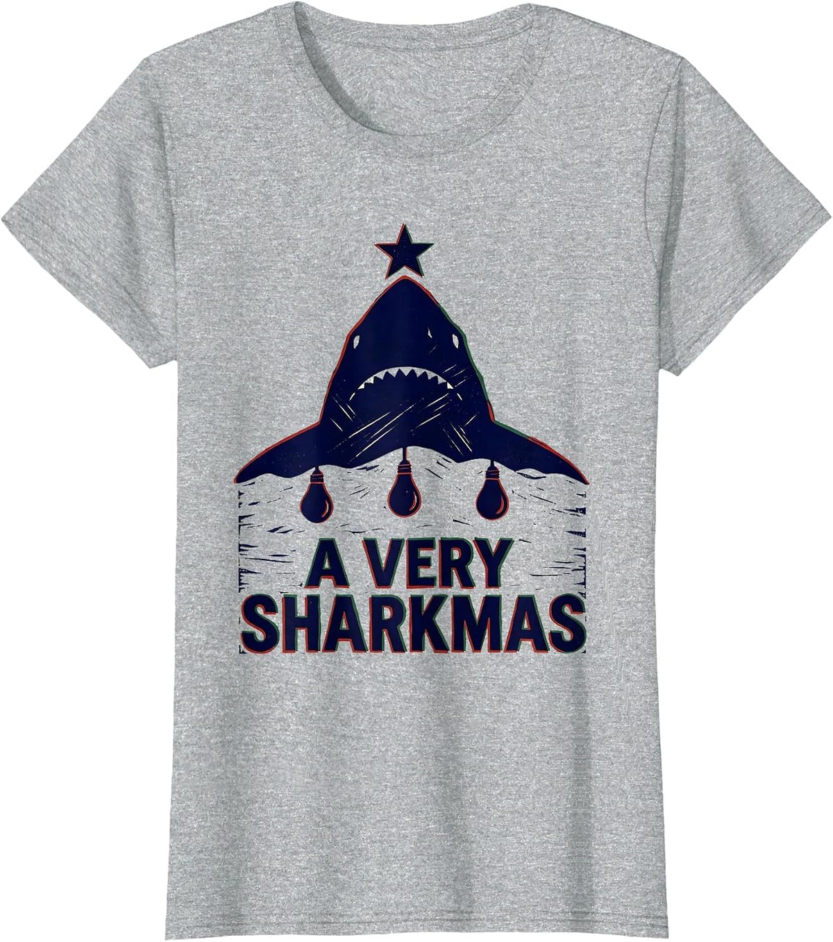 Women's A Very Sharkmas Linocut Shark Lover Christmas Pun Humor T-Shirt - Heather Grey
