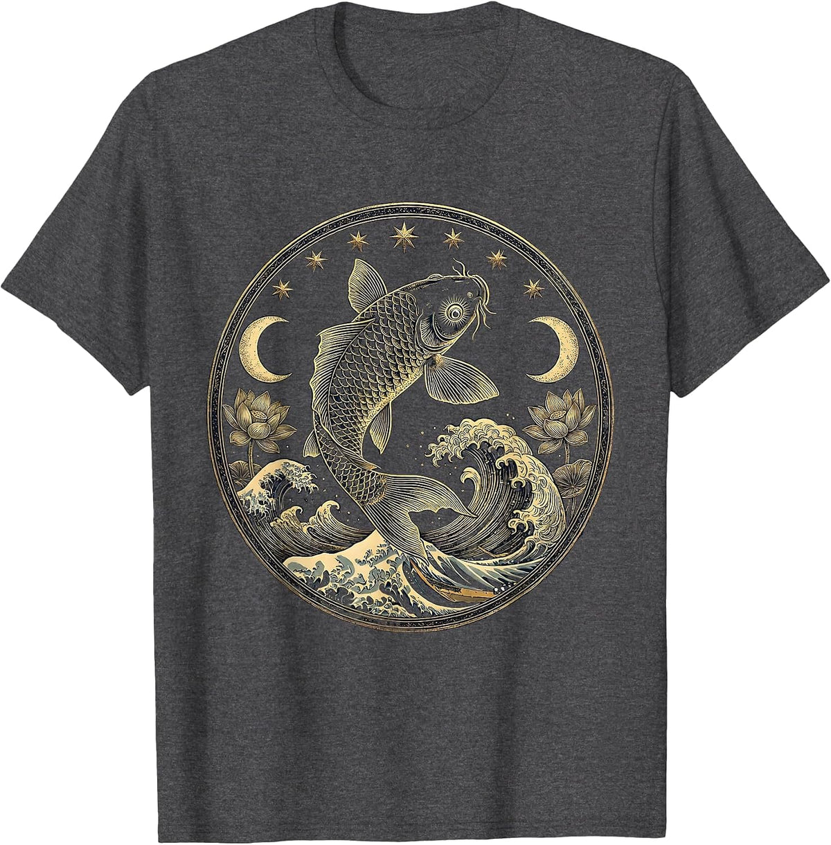 Men's Koi Fish Leaping Over Crashing Wave Japanese Art T-Shirt - Dark Heather Grey