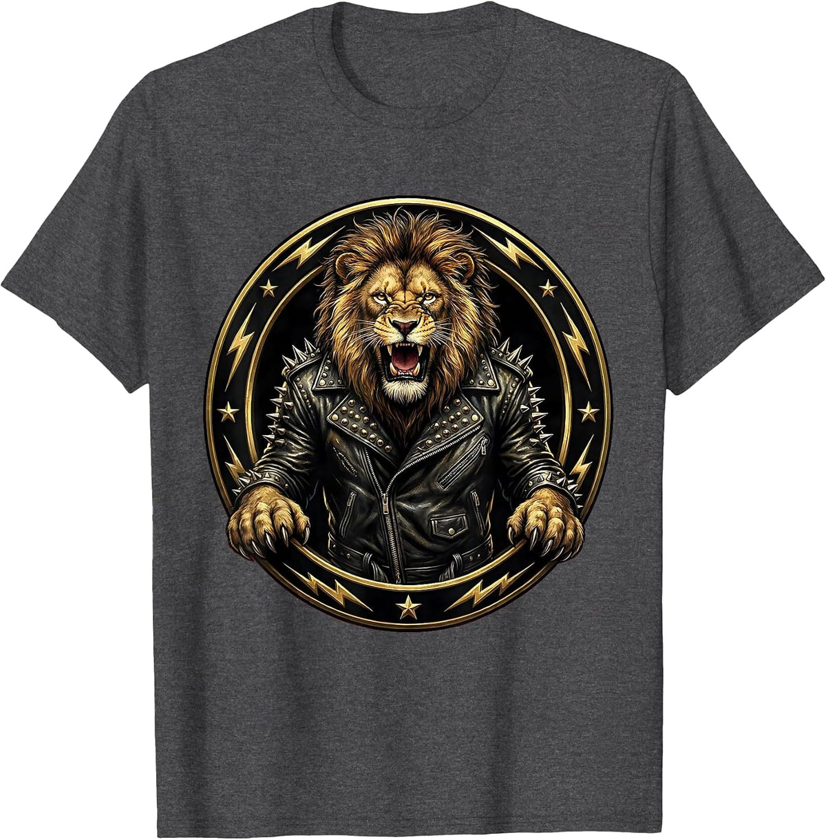 Men's Roaring Lion Studded Leather Jacket Rock Design T-Shirt - Dark Heather Grey