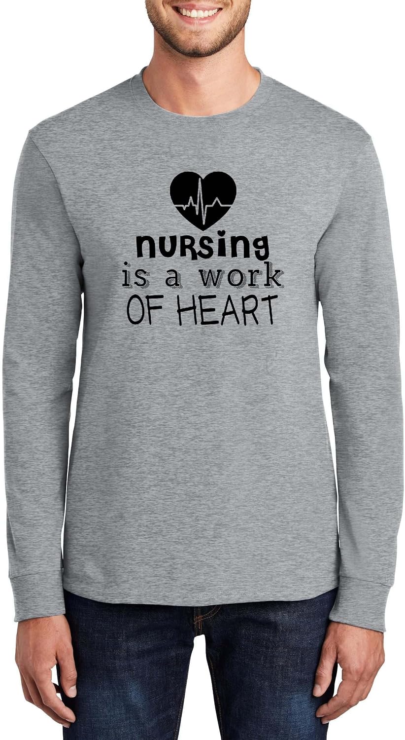 Nursing is A Work of Heart Heartbeat Nurse Graphic Top Cotton Tee Adult Youth Tall Men Women - Mens Long Sleeve Sport Grey