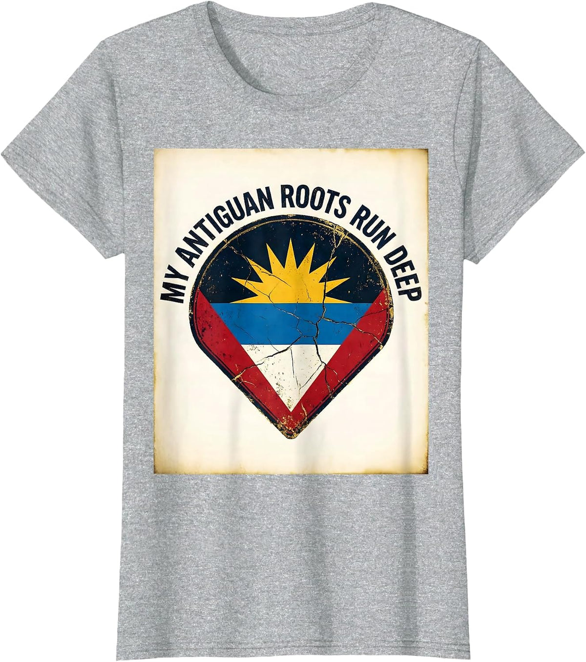 Women's My Antiguan Roots Run Deep Distressed Flag National Pride T-Shirt - Heather Grey
