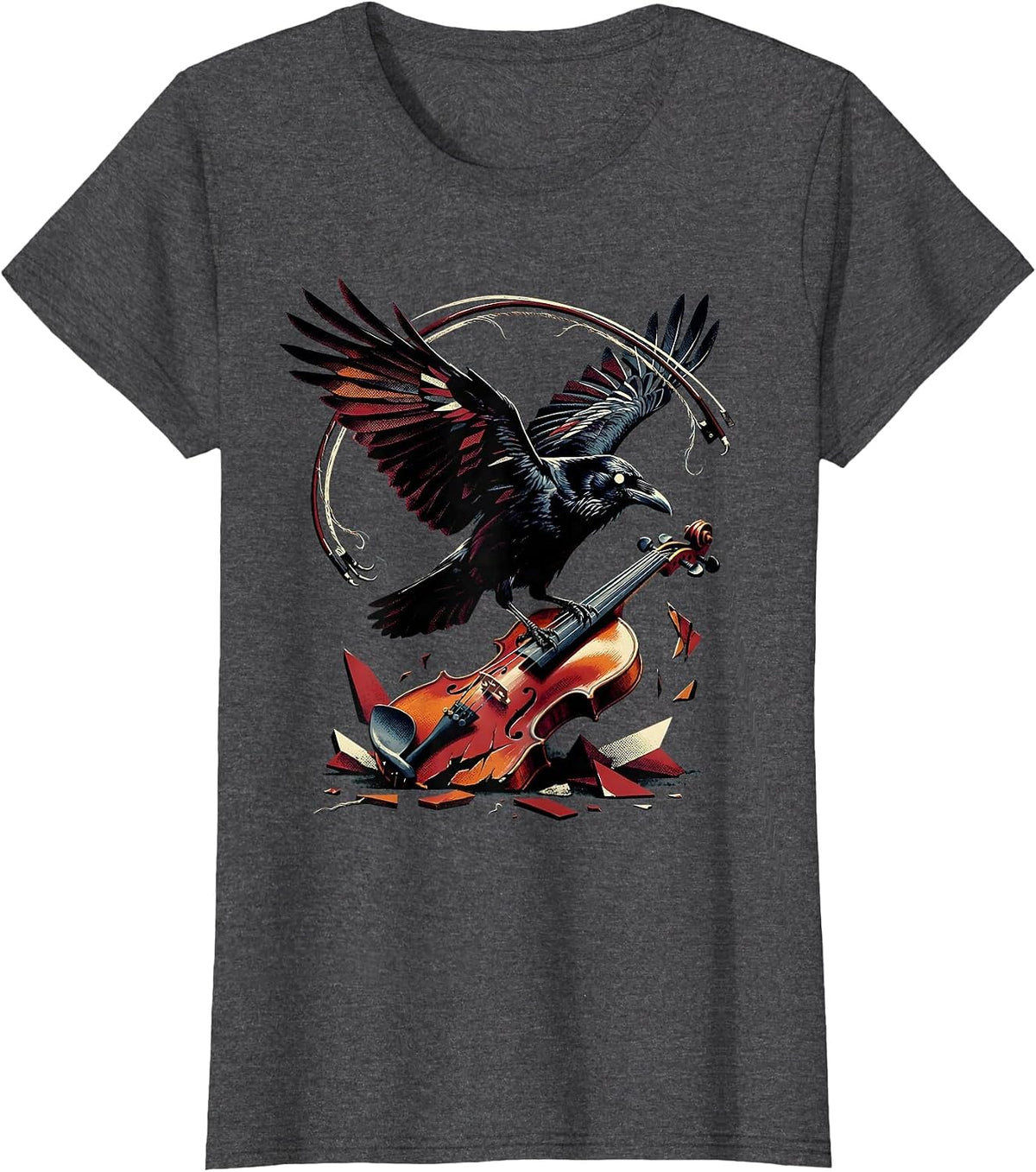 Women's Raven on Broken Violin Strings Graphic T-Shirt - Dark Heather Grey