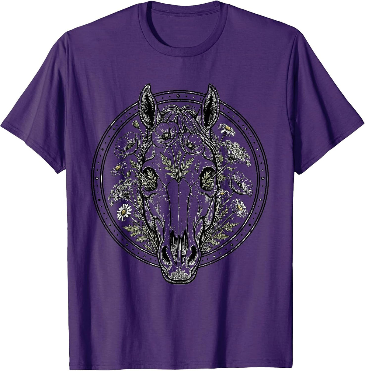 Horse Skull Wildflowers Floral Gothic Nature Art T-Shirt - Purple