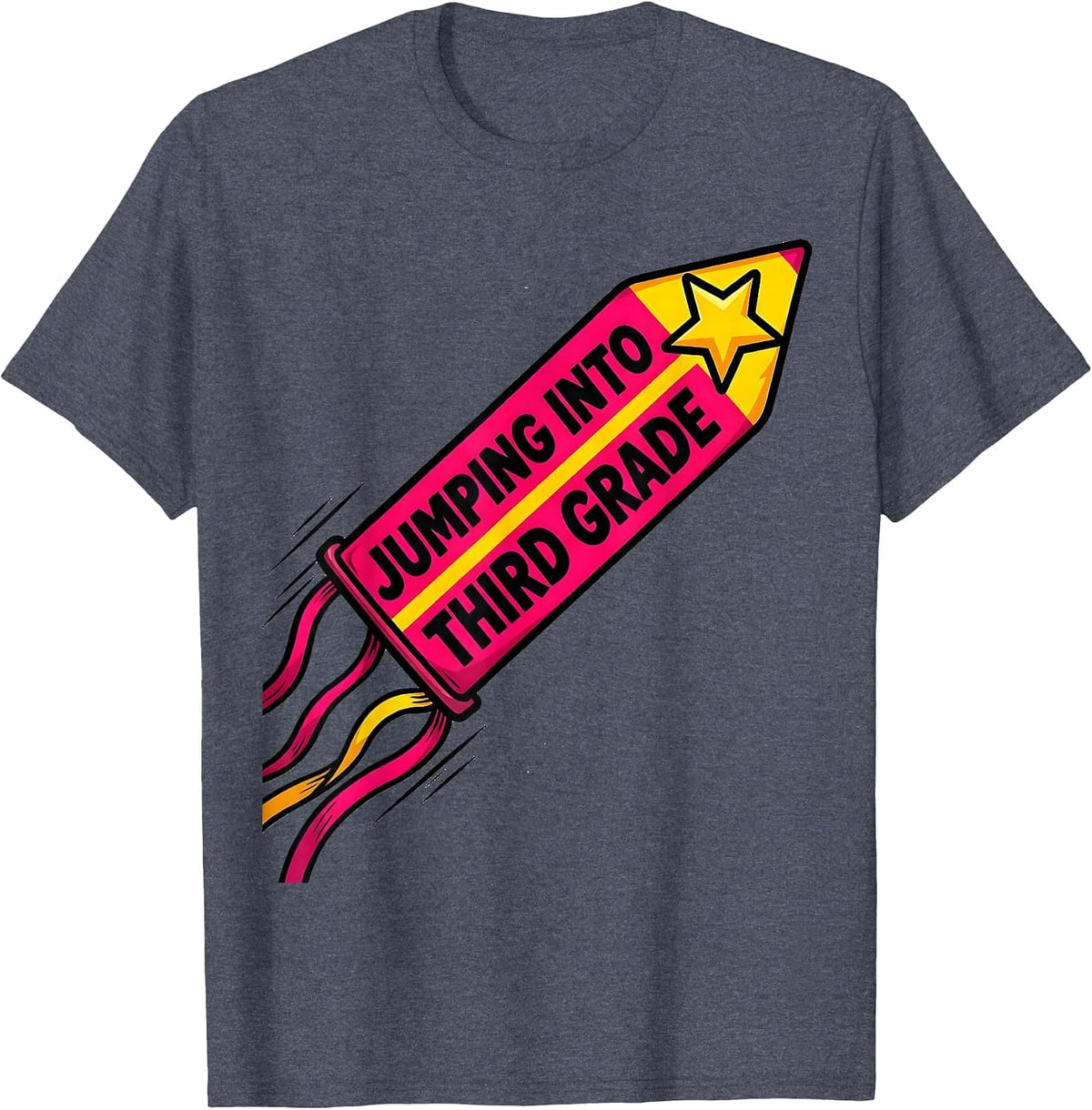Jumping Into Third Grade Cartoon Pennant Flag Girls Back T-Shirt - Heather Blue