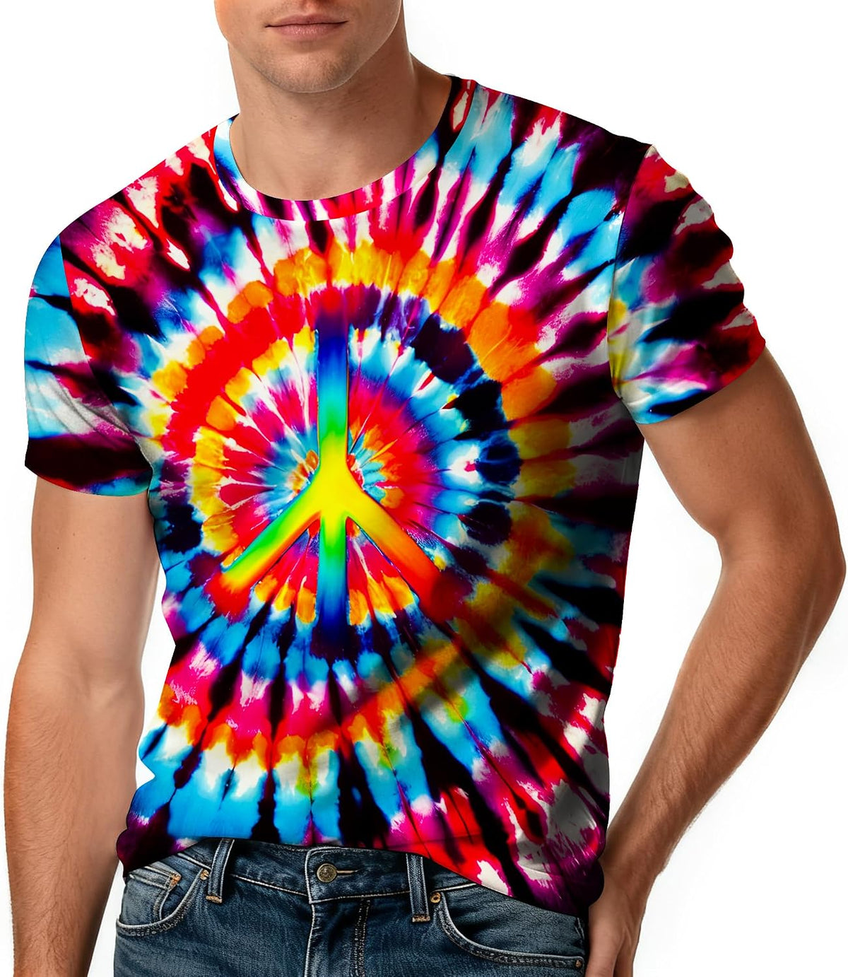 Tie Dye Shirt Mens Unisex Crewneck Short Sleeve Tshirt - Rainbow Peace