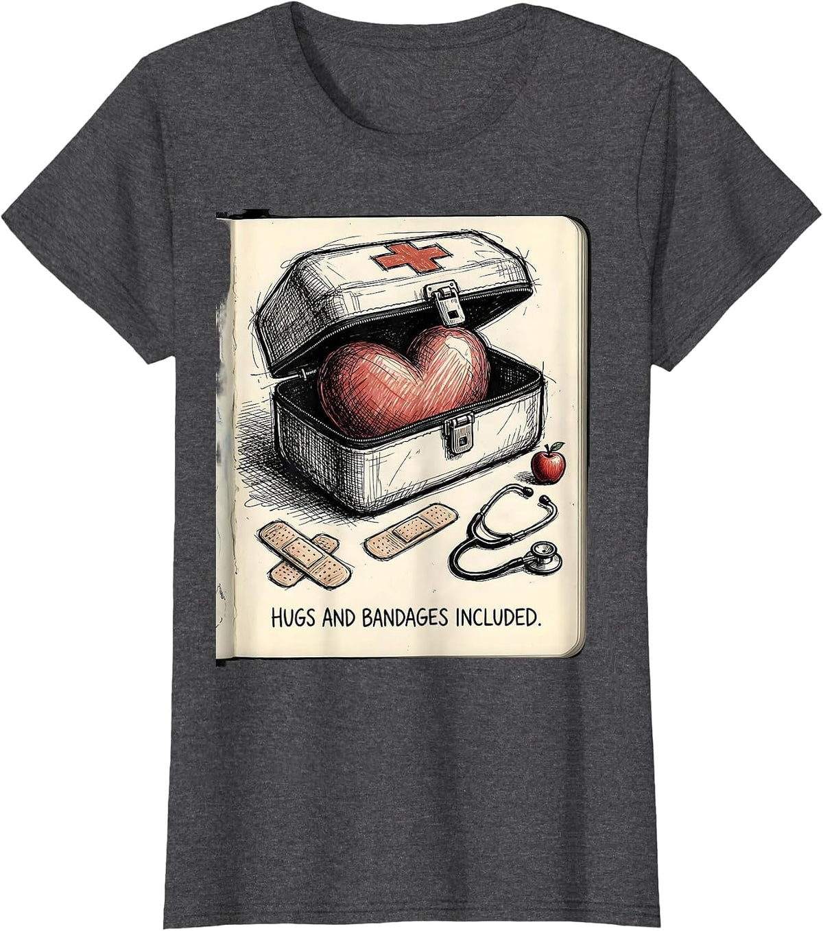 Women's Hugs And Bandages Included School Nurse Design T-Shirt - Dark Heather Grey