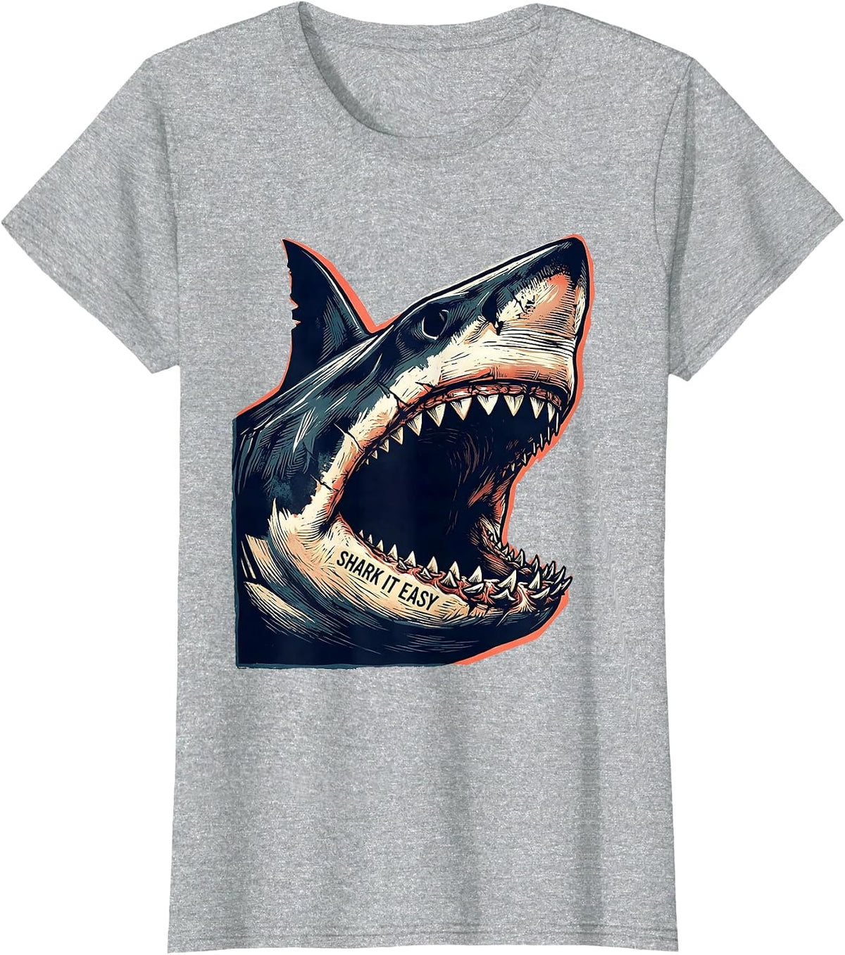 Women's Shark It Easy Linocut Funny Shark Lover Ocean Animal Humor T-Shirt - Heather Grey