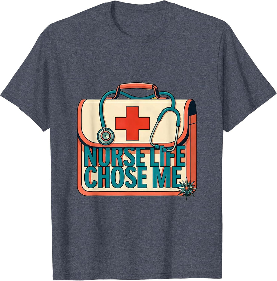 Nurse Life Chose Me School Nurse Design T-Shirt - Heather Blue