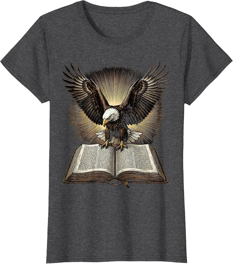 Women's Bald Eagle Over Bible Patriotic Christian Graphic T-Shirt - Dark Heather Grey