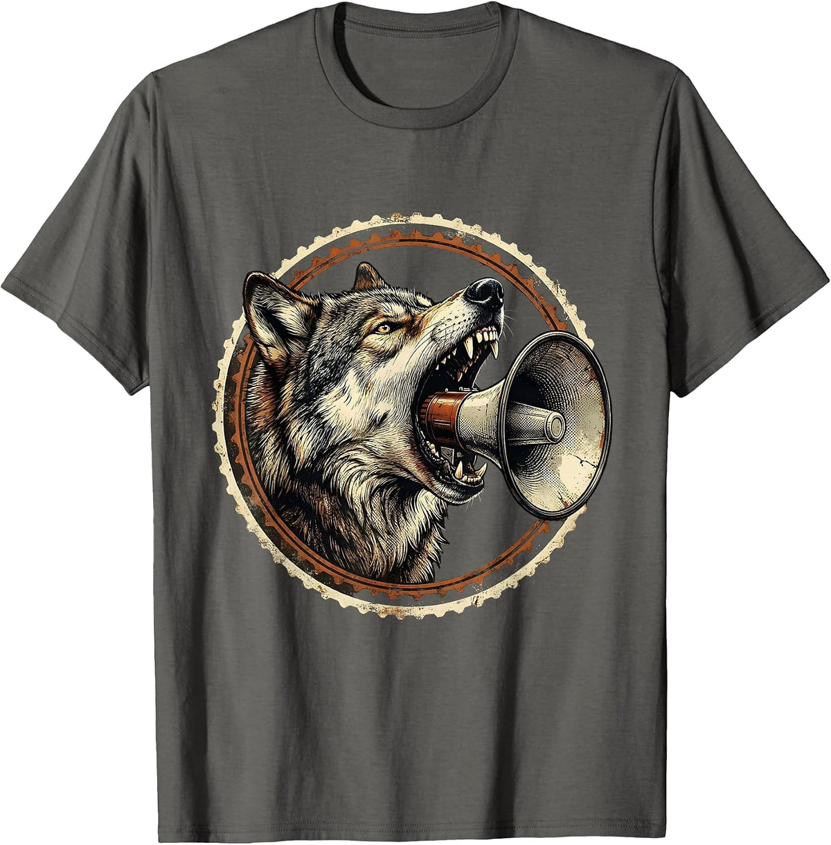 Wolf Howling Megaphone Rock and Roll Graphic T-Shirt - Asphalt Grey