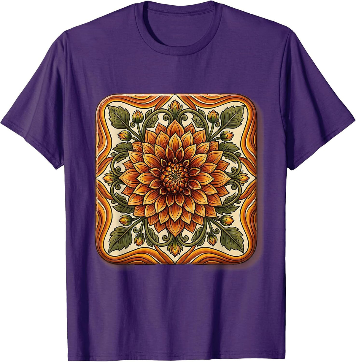 Mexican Talavera Floral Tile Art Design T-Shirt - Purple