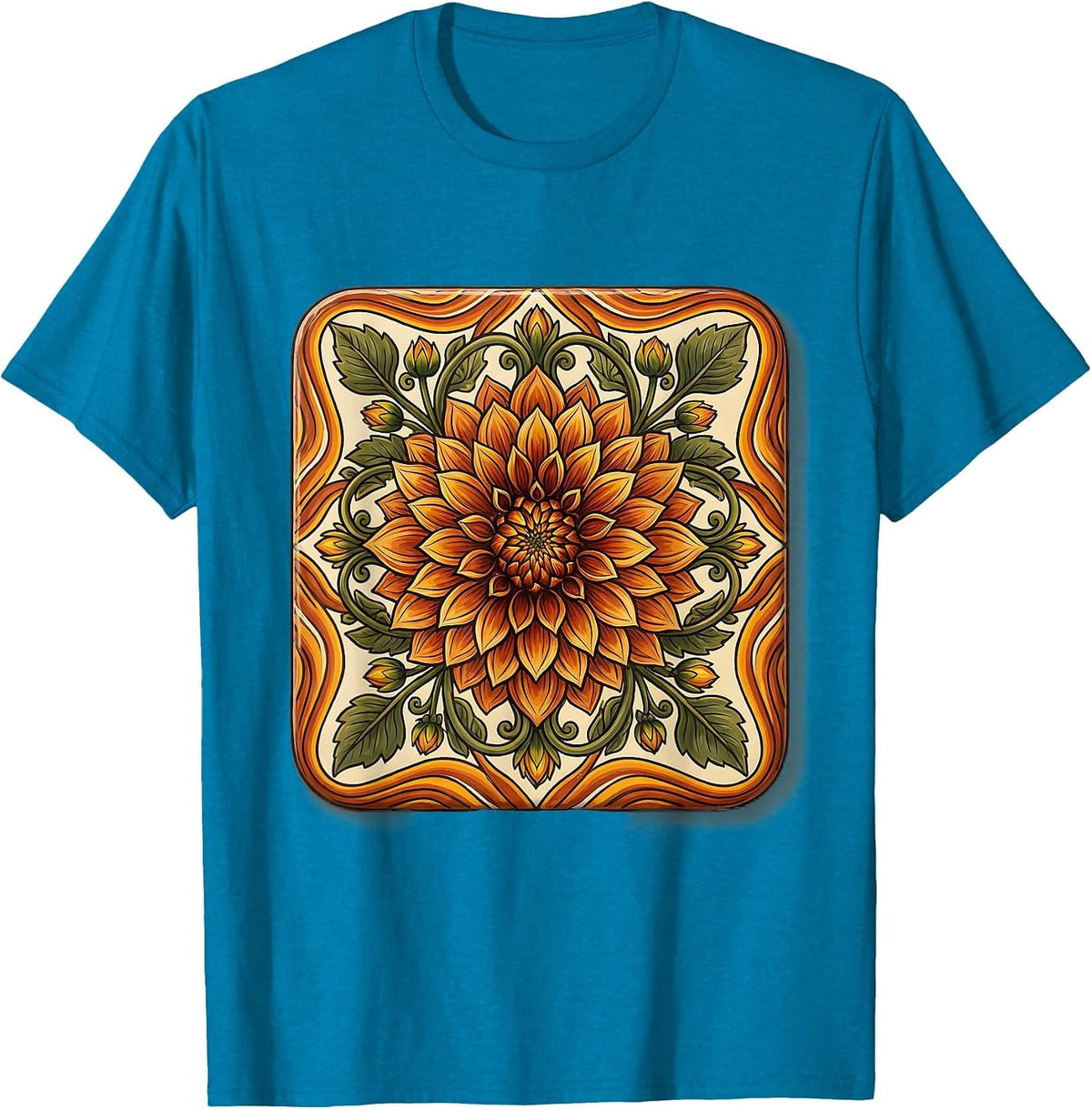 Mexican Talavera Floral Tile Art Design T-Shirt - Sapphire Blue
