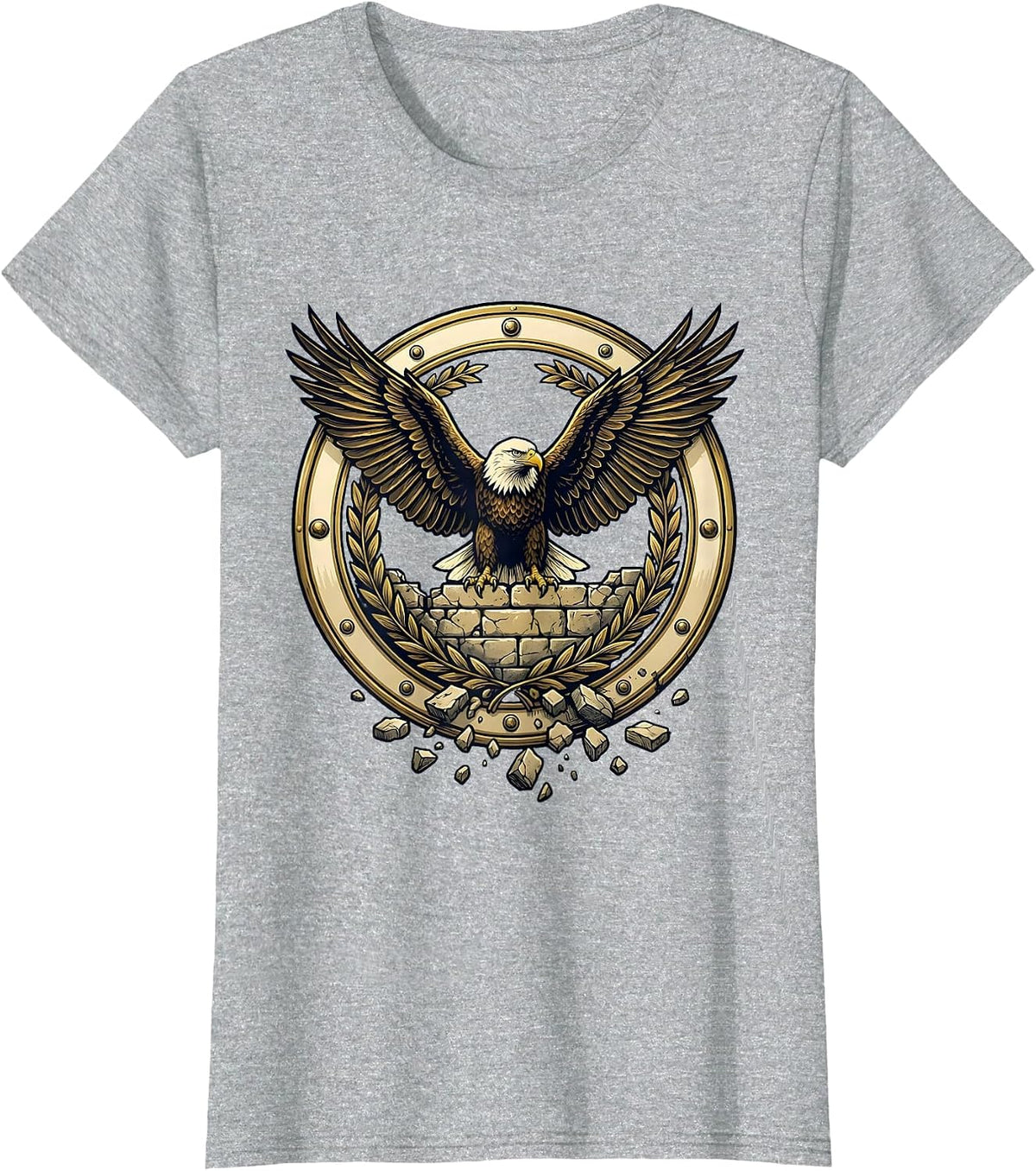 Women's Bald Eagle Perched on Crumbling Wall Patriotic Art T-Shirt - Heather Grey