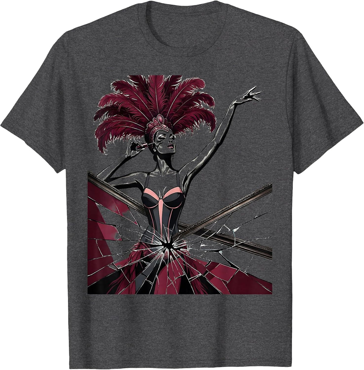 Showgirl Applying Mascara in Cracked Mirror T-Shirt - Dark Heather Grey